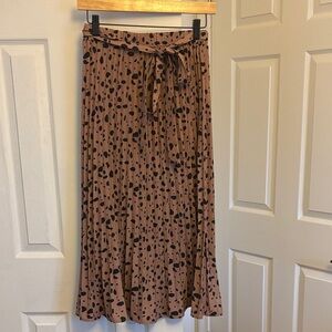 Brown Polka Dot Pleated Maxi Skirt with Tie Waist